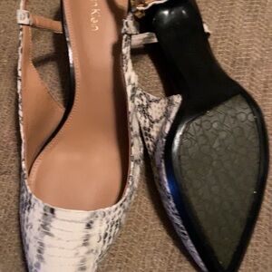 Calvin Klein Snake-Print Slingback Heels in White and Black